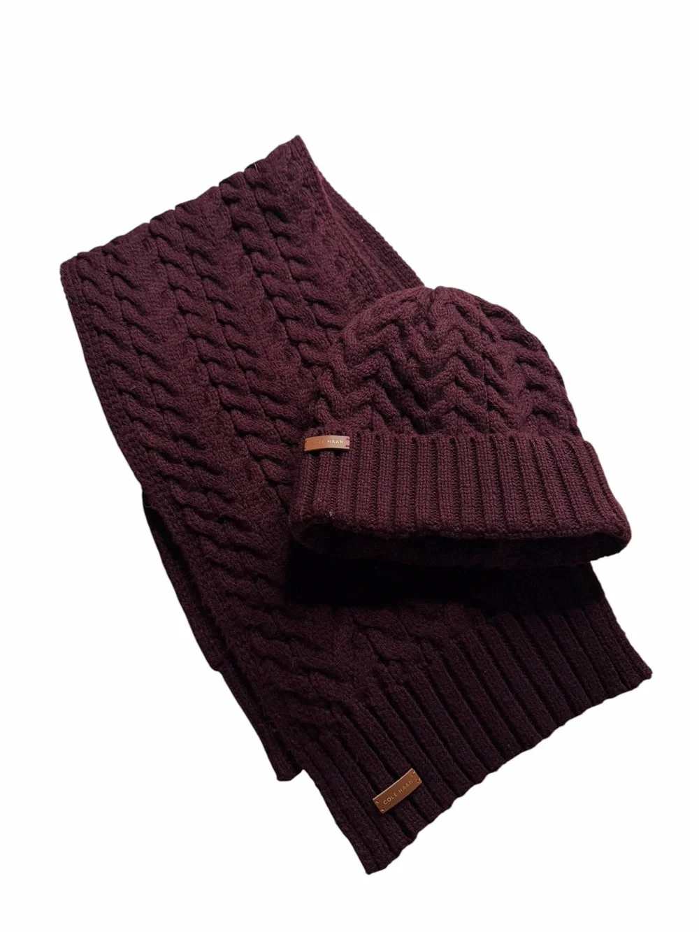COLE HAAN Burgundy Purple Cable-Knit Scarf & Beanie Set Cozy Knit‎